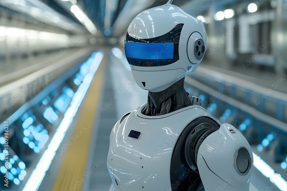 Aufkleber futuristic white robot in modern tech corridor ai artificial intelligence android