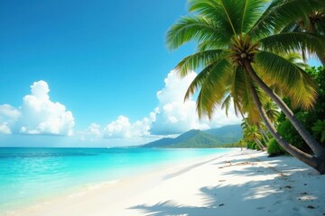 Fototapeta premium Palm trees leaning into ocean breeze, white sand beach, photo, relaxing, travel photography