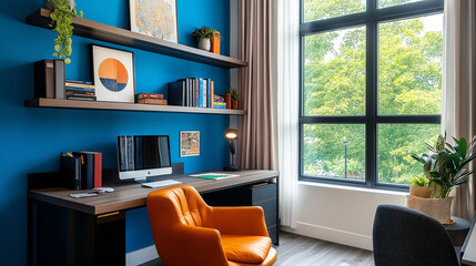 Bright blue accent wall with floating shelves transforms space into an organized and stylish environment
