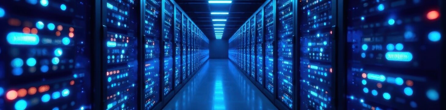 Quantum network server room, glowing blue nodes, quantum entanglement, technology