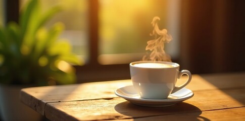 Sunny morning scene with a steaming hot cappuccino and a wooden table, table, cappuccino, wooden table