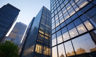 Obraz premium Modern skyscrapers reflecting the sky, showcasing urban architecture at dusk.
