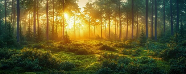 Obraz premium Morning Sunrise Over Pine Forest Landscape.
