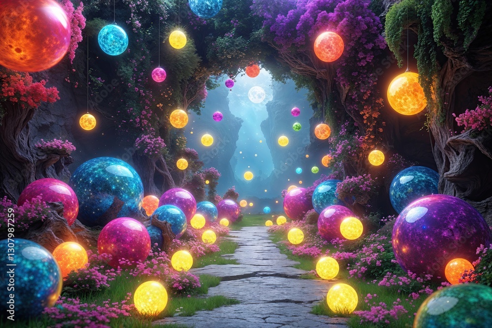 Poster whimsical fantasy backdrop adorned with colorful glowing orbs and hyper-realistic textures