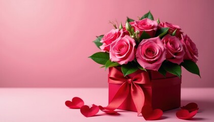 Fototapeta premium Elegant rose bouquet in a Valentine's Day gift box , present, gift, pink