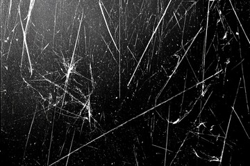 A textured black surface is marked by numerous white scratches and lines, creating an intricate pattern that showcases age and wear, emphasizing the contrast and depth of the design