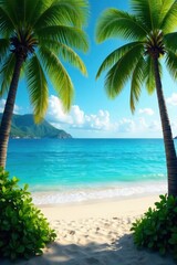 Fototapeta premium Lush palms frame vibrant beach, stunning ocean view , beach, waves, scenic