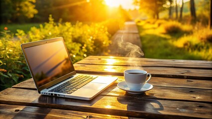 Aerial View: Coffee Break - Laptop & Coffee on Table Outdoors