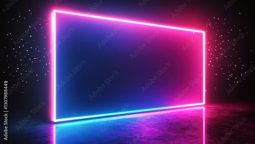 Poster neon glowing frame with vibrant pink and blue colors against a dark background, creating a modern an