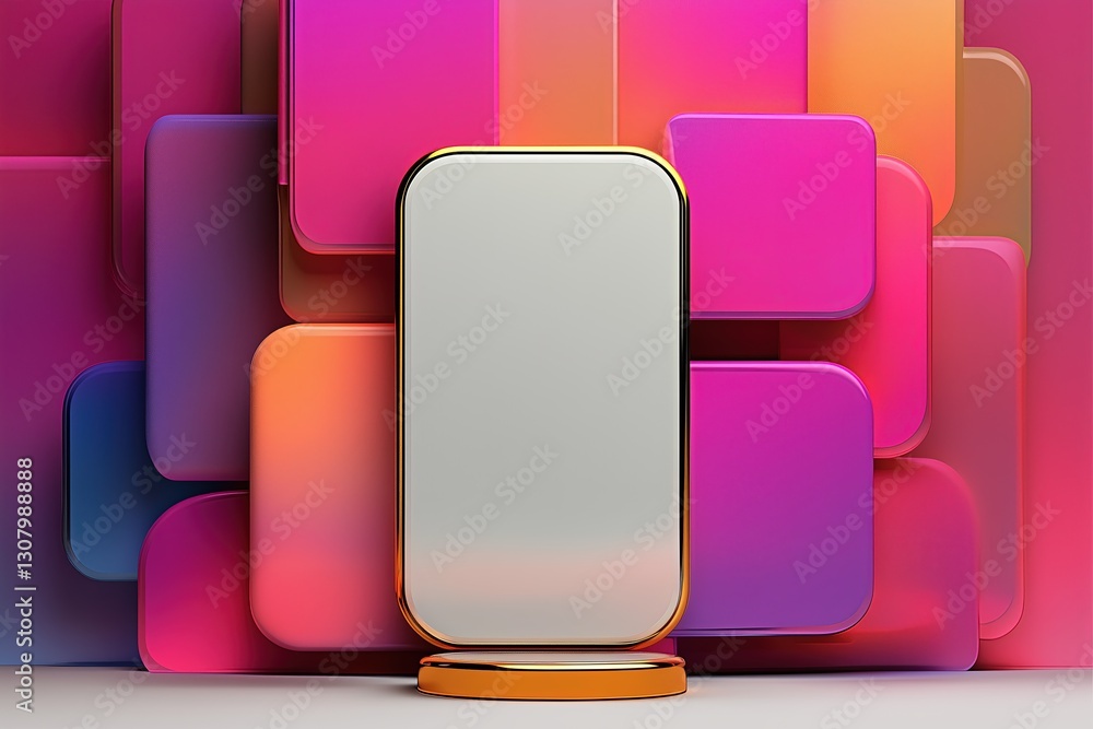 Poster a sleek mobile phone with a blank screen is placed on a podium stand, surrounded by a colorful displ