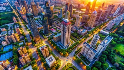 Aerial View Detailed Cityscape Urban Development High-Rise Buildings Drone Photography