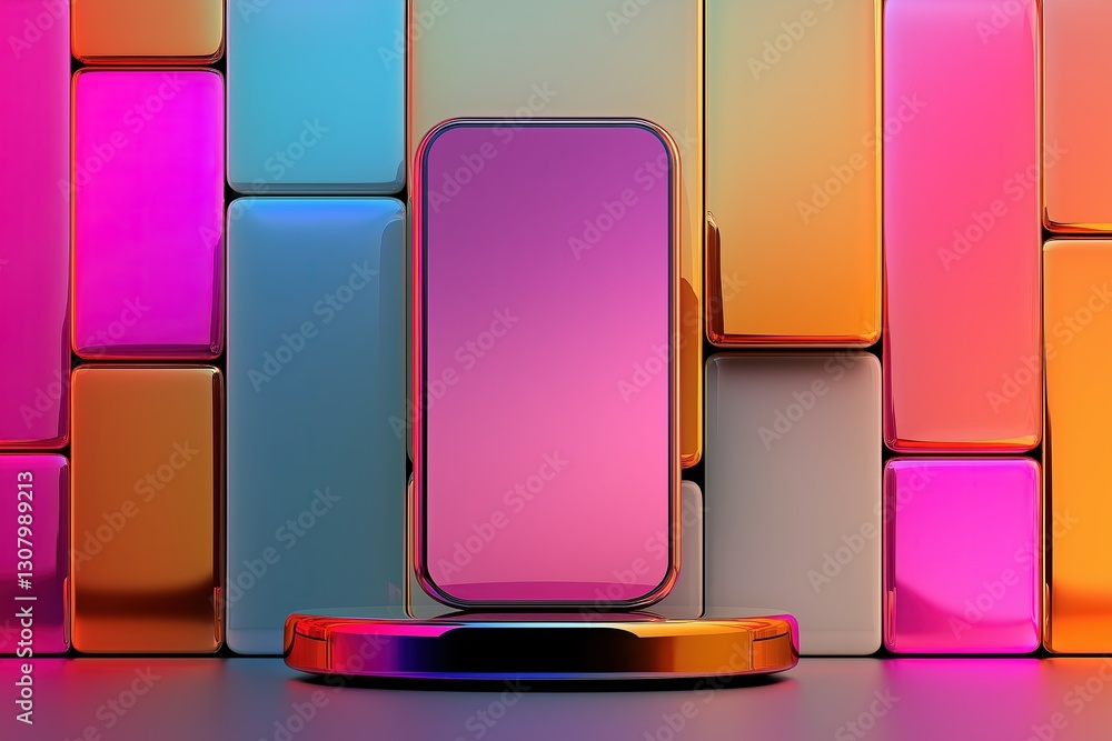 Poster an empty podium stand designed for showcasing a new product is set against a vibrant, multicolored b