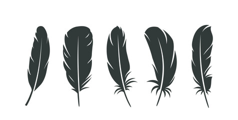 Bird feather icons set. Dark silhouettes of plumes of different shapes. Aerial feathers of birds or angel wings. Design for logo. Flat vector illustration collection isolated on white background