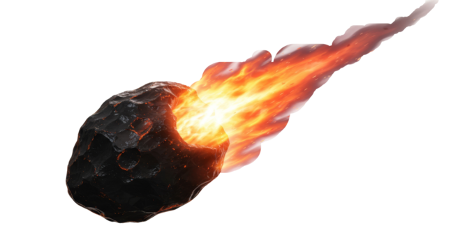 asteroid burning, white background, PNG transparent, fiery asteroid