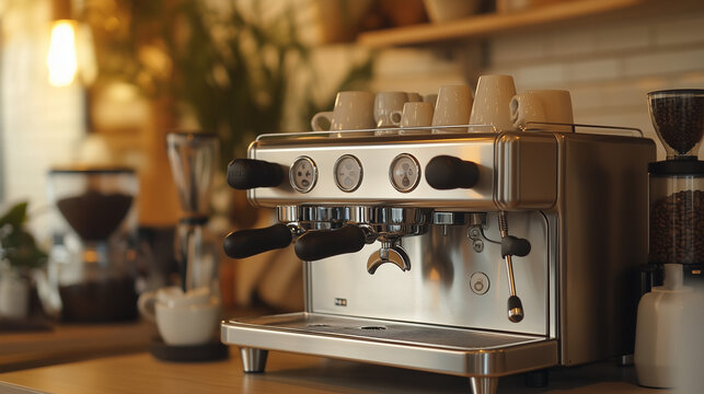 Modern silver espresso machine showcasing warm beige tones in a stylish, inviting contemporary cafe environment