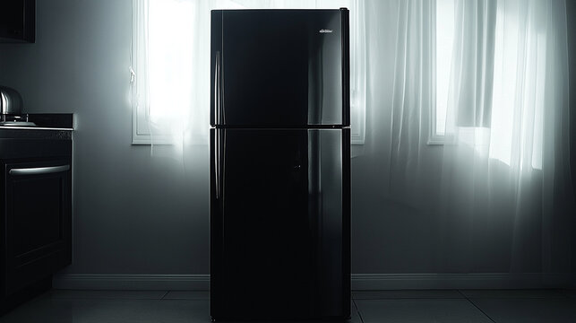 Sleek black refrigerator integrated into a soft gray kitchen backdrop exemplifies modern culinary design excellence