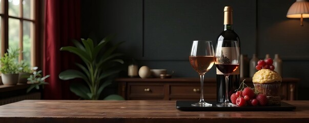 Black lacquer wine stand, gold leaf accents, celebratory decor, garnish, bottle, event