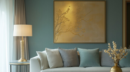 Elegant gold wall art paired with pale blue accents transforming refined modern living room ambiance