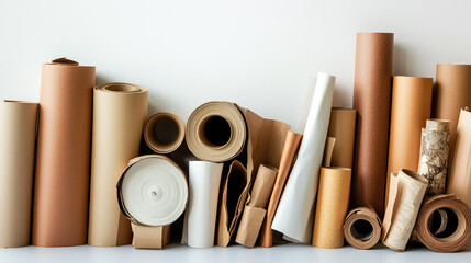 Heap of assorted paper rolls arranged on a clean white backdrop inspires organization and productivity