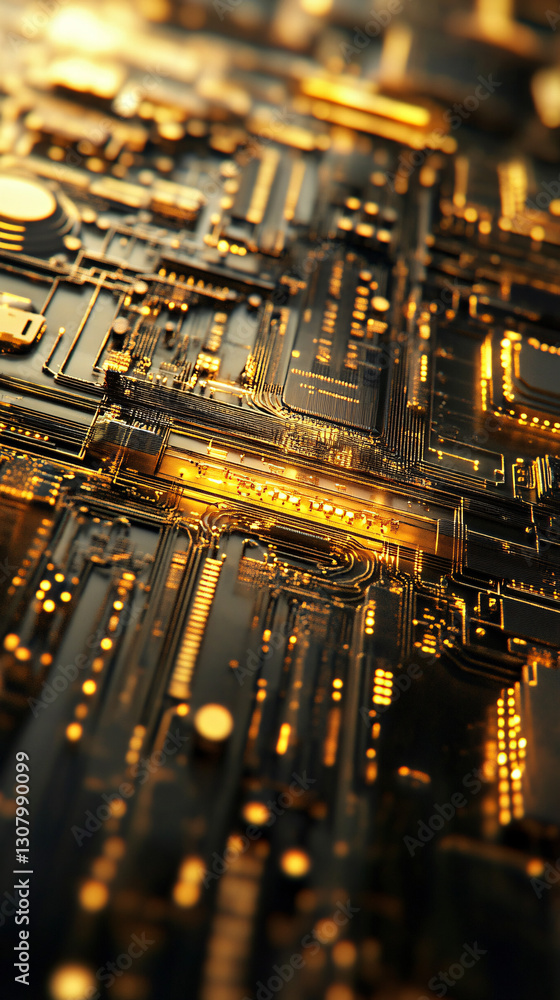 Poster a close-up view of a high-tech golden circuit board glowing with light emphasizing modern technology