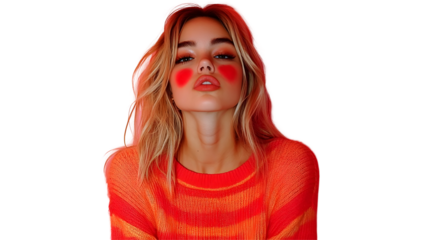 Woman Wears Red and Orange Sweater, Isolated on White Background