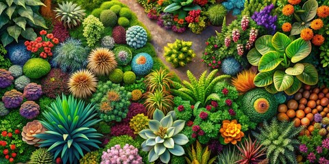 Fototapeta premium Aerial View: Flourishing Hand-Painted Garden, Lush Foliage, Vibrant Flowers