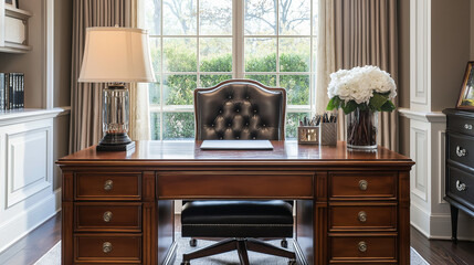 Rich mahogany desk featuring vintage drawers in a sophisticated office setting, exuding classic timeless elegance