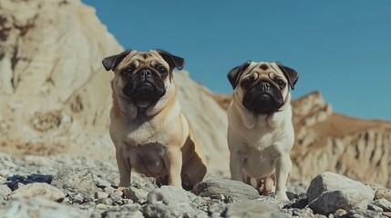 Obraz premium Adorable Pugs Standing Outdoors on Rocky Surface