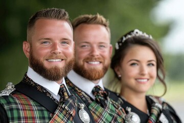 Fototapeta premium National Tartan Day: joyful people, classic Scottish attire, kilt tradition, vibrant celebration, cultural heritage, festive outfits, tartan patterns, historical significance, Scottish pride.