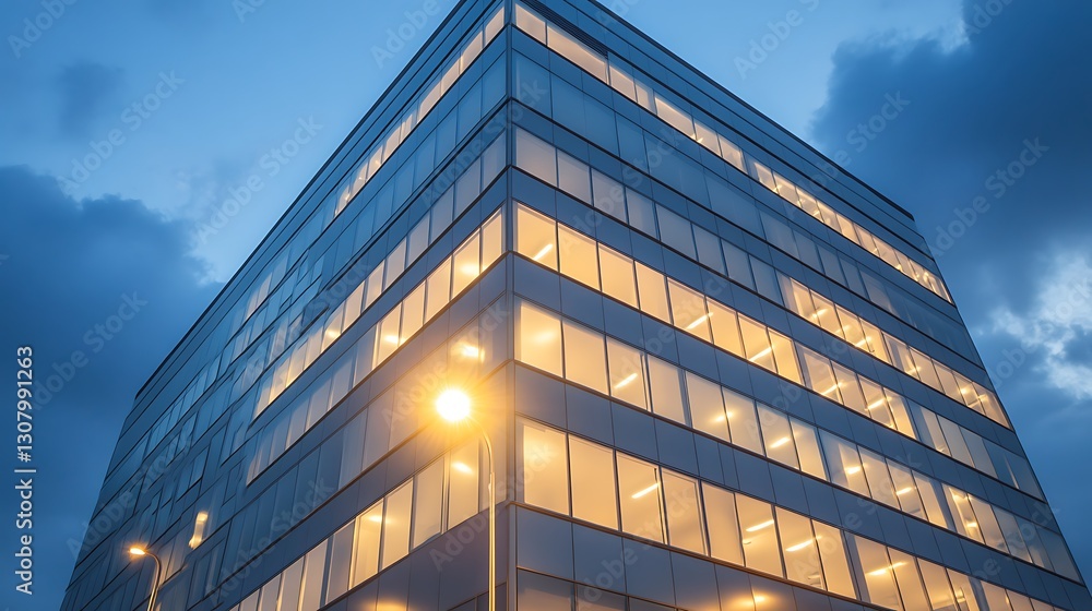 Poster modern office building illuminated at dusk, showcasing sleek architecture and a dramatic sky.
