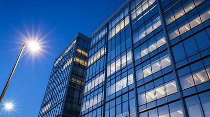 Fototapeta premium Modern glass buildings illuminated at night with streetlights glowing in the foreground.