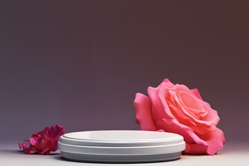 Empty podium stand is set for product display, accompanied by pink roses placed nearby. The background features a soft gradient, enhancing the overall aesthetic appeal