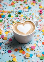 Heart and coffee cup on confetti