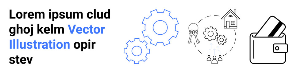 Wallet with credit card, gears, house, users and key represent technology in finance and real estate. Ideal for fintech, real estate, investment, online transactions, home buying financial