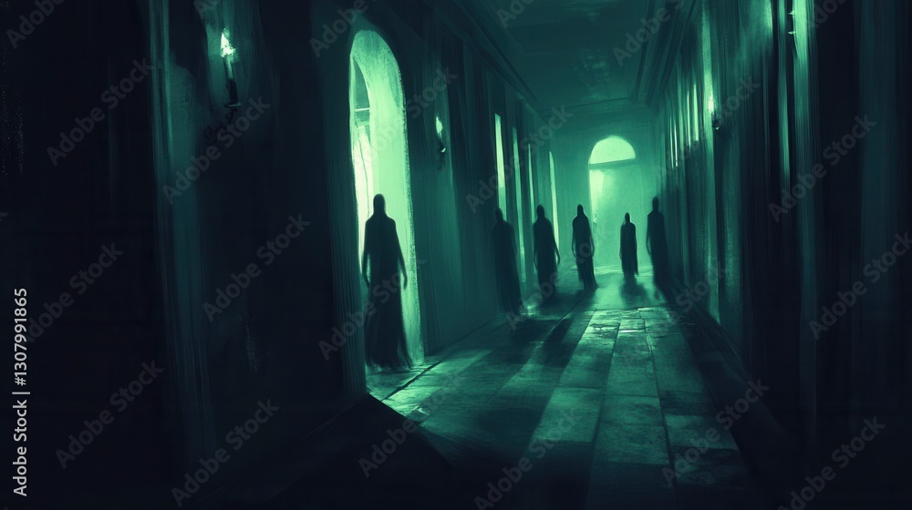 Poster mysterious dark corridor filled with shadowy figures and fluctuating light creating a chilling atmos