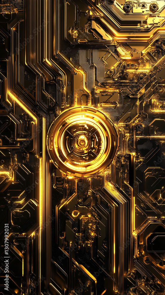 Poster golden circuit pattern with intricate details and reflective metallic surface