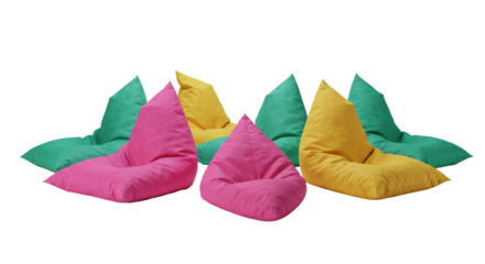 set of colored bean bag seats isolated on white or transparent PNG, cutout