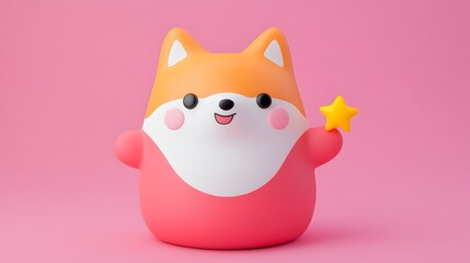 Adorable Orange and Pink Cartoon Fox Figurine Holding a Gold Star on Pink Background