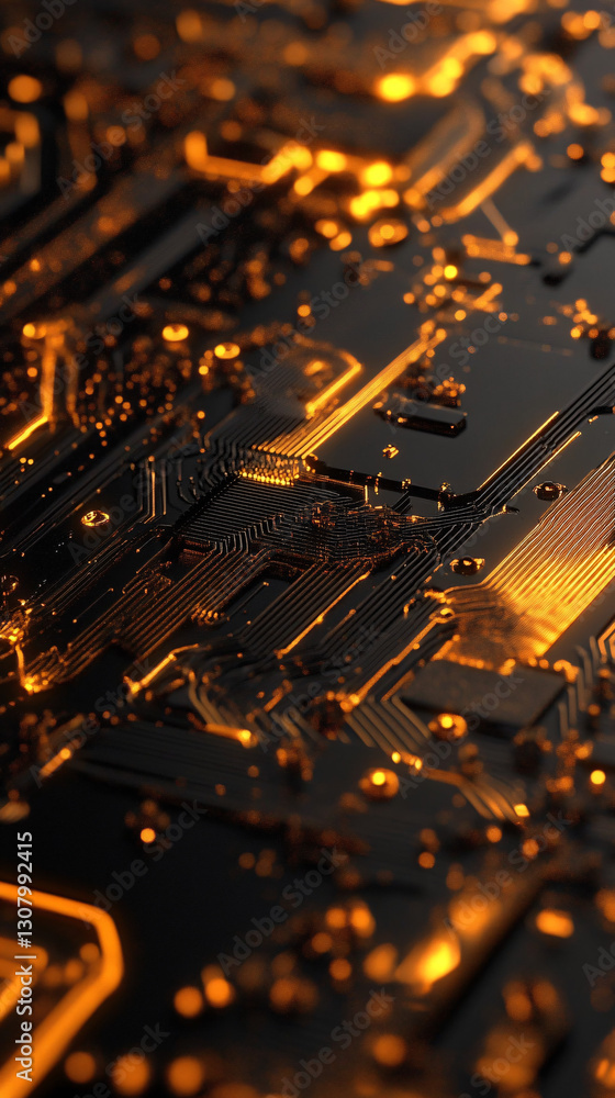 Poster close-up of a dark circuit board with glowing golden elements forming an intricate and futuristic hi