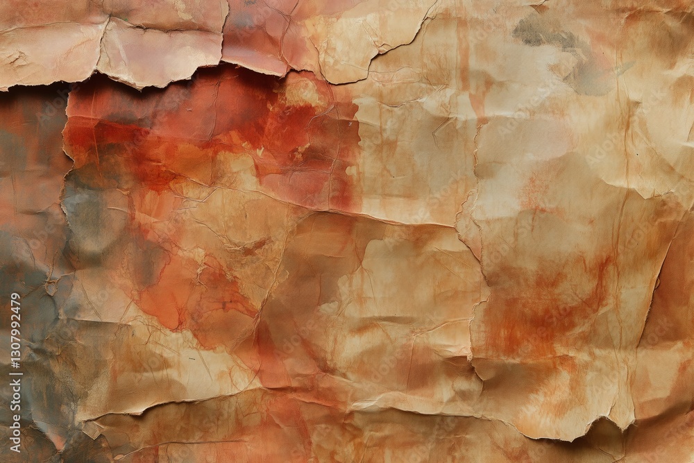 Poster a close-up view of aged paper displaying a variety of warm, stained colors and intricate textures, e