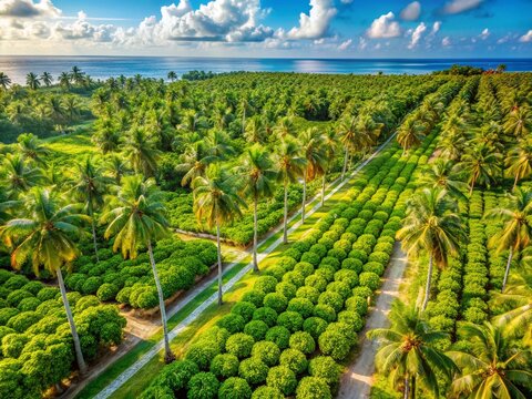 Aerial View: Lush Thoddoo Maldives Farmland - Papaya & Passion Fruit Plantation with Bokeh