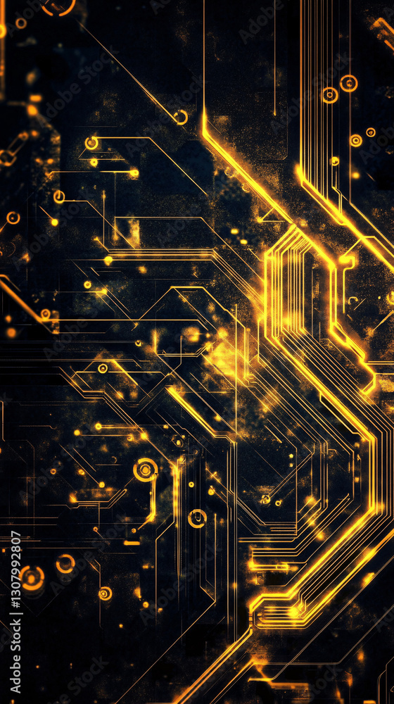 Poster futuristic golden circuit board with glowing patterns forming an intricate and high-tech digital bac