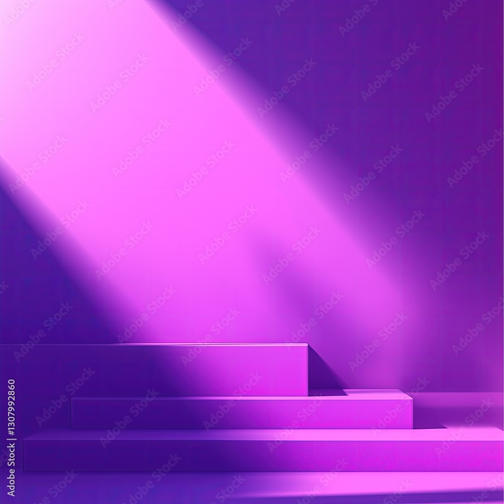 Poster The podium showcases a rich purple color palette, featuring multiple steps that create a dynamic display area enhanced by soft, ambient lighting. Ideal for showcasing products