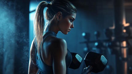 Fit woman at gym toning arms with dumbbells