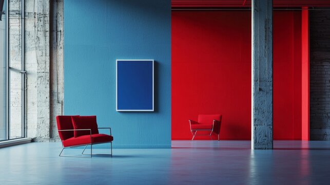 Modern abstract interior with red and blue color scheme