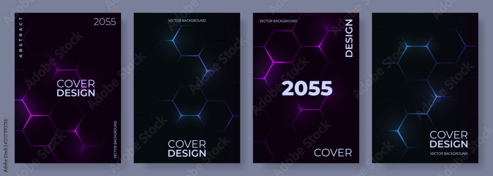 Poster dark hexagonal abstract technology background set with blue and pink colored bright flashes under he