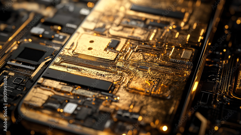 Poster close-up of a smartphone with transparent golden circuitry revealing an intricate high-tech digital 