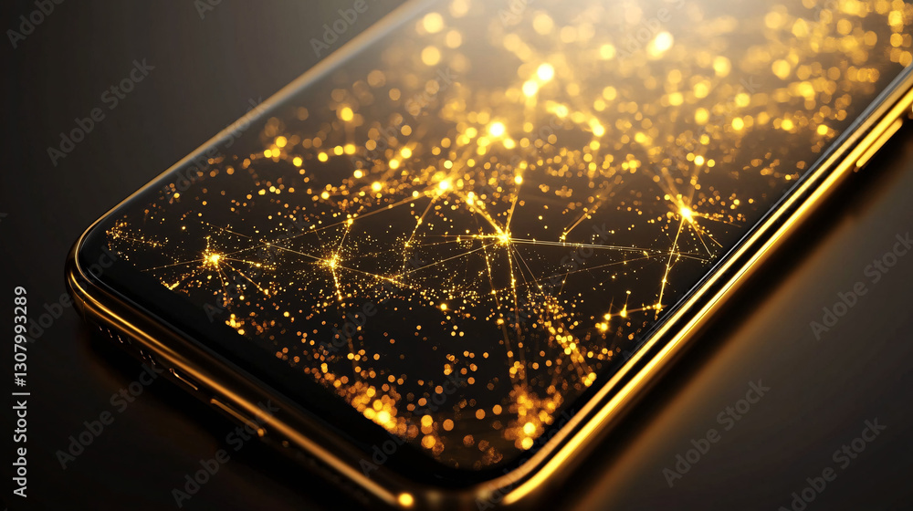 Aufkleber high-tech smartphone with a glowing golden digital network forming a futuristic and advanced visuali