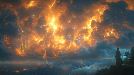 Nighttime city view, dramatic storm clouds, contemplation