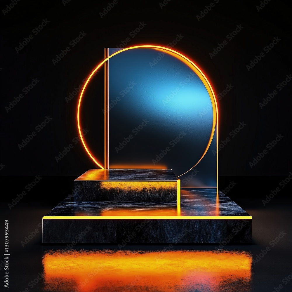 Poster a retro futuristic stone podium features a unique circular design and illuminated edges, set against